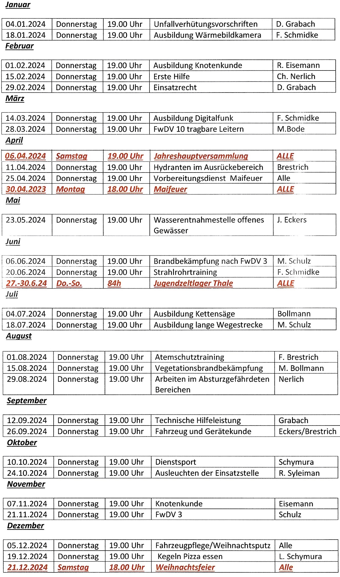 Dienstplan FFw Danstedt 2024